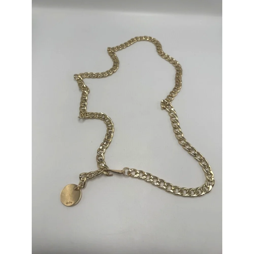 Gold Tone Curb Chain Belt with Logo Charm Adjustable Hook Closure 44 Inch
